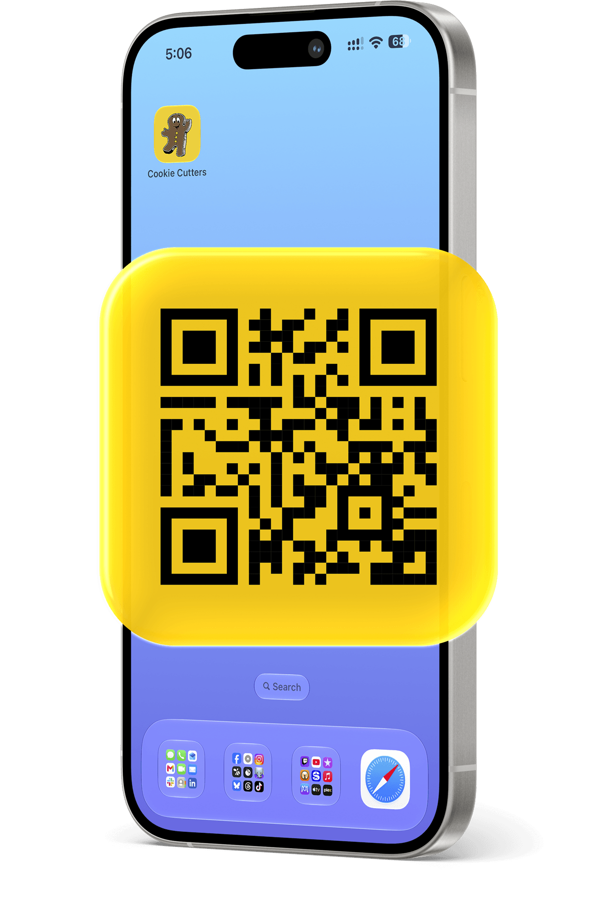 Front of phone with QR code overlaid on a yellow background to scan to download the Cookie Cutters app.